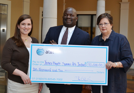 Michael Walker (center) presents a check for $10,000 on behalf of AT&T to Laura Howell (left), Arts Education Coordinator, and Dr. Myrtis Tabb (right), Associate Vice President of Finance and Administration.